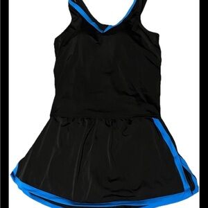 Black Blue Trim Women's Swim dress Top/Skirt attached panty Size Large.
